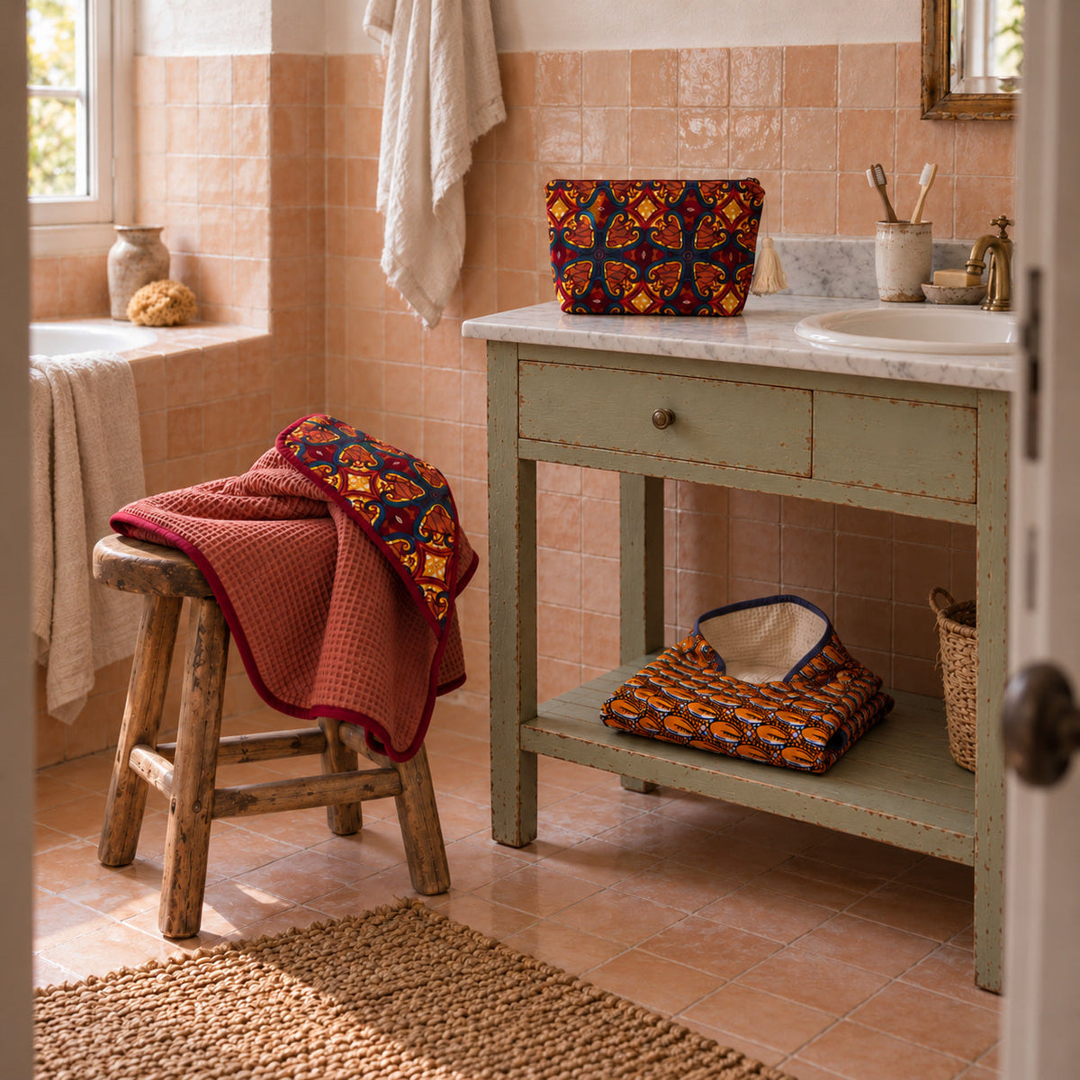 Retrobadkamer met een bordeauxrode SAAR-MALAÏKA-badcape, een WANKA-MALAÏKA-toilettas en een oranje-marineblauwe SIMBA-CAURI-poncho.