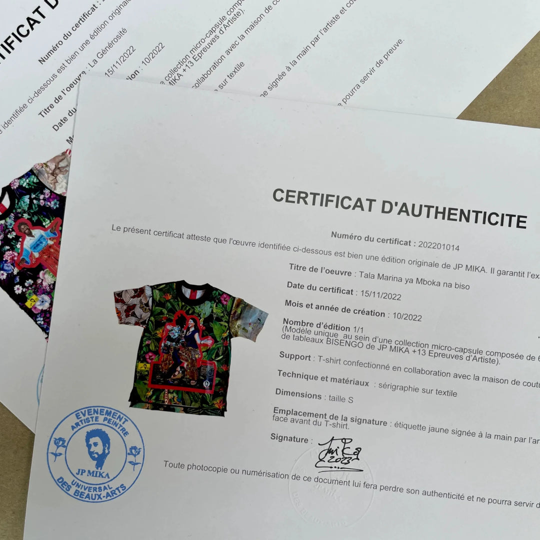 T-shirt Wearable-Art - Collection micro-capsule JP MIKA BISENGO FASHION x XULY-BËT - Studio Matongé. Chaque T-shirt est une pièce unique livrée avec son certificat d'authenticité signé de la main de l'artiste. 