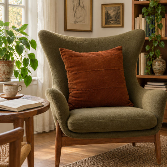 Vierkant terracottakleurig MSINGI kussen op een olijfgroene fauteuil, naast een houten tafel met een boek en een kopje.