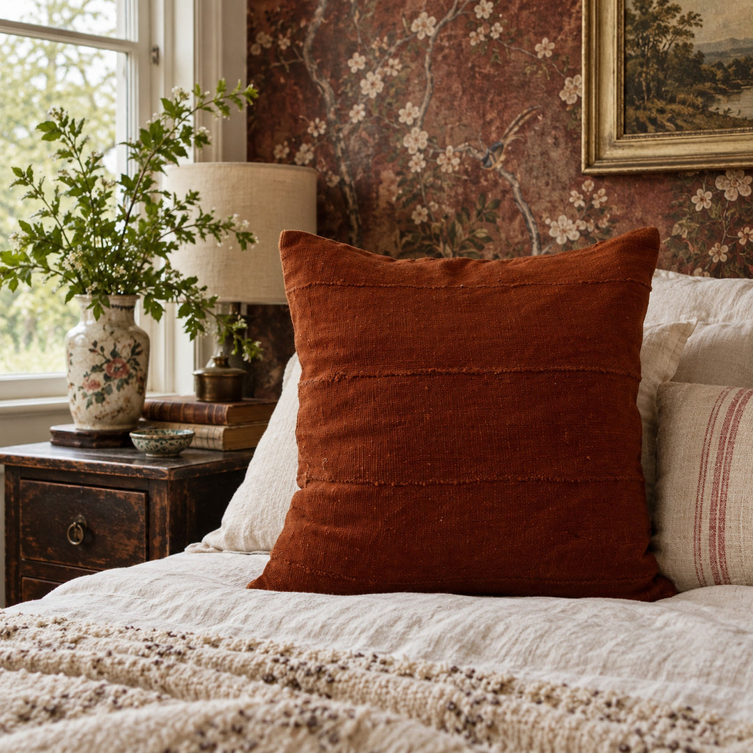Vierkant terracottakleurig MSINGI kussen op een bed met ecru linnen, in een slaapkamer met bloemenbehang en antieke meubels.