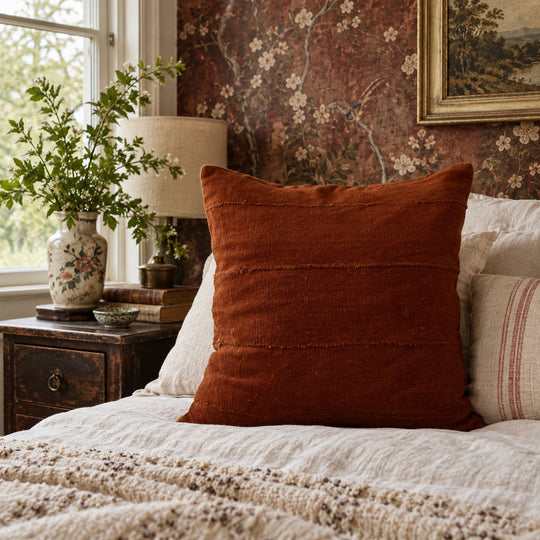 Vierkant terracottakleurig MSINGI kussen op een bed met ecru linnen, in een slaapkamer met bloemenbehang en antieke meubels.