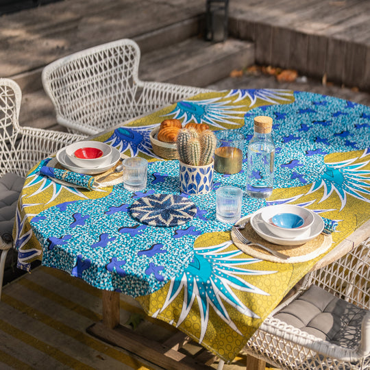 MBILA-LAGA – Nappe en wax bleu et kaki