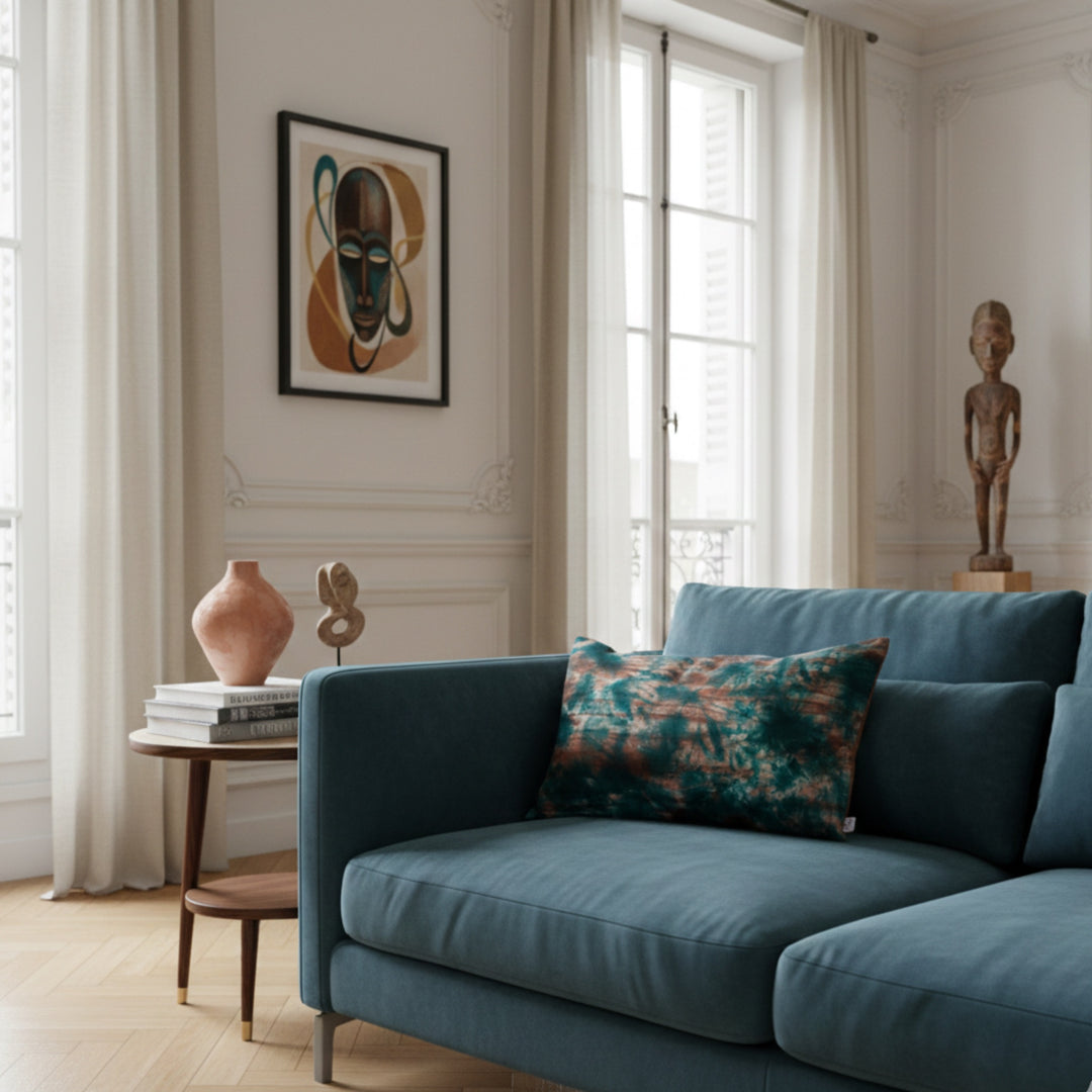 Housse de coussin KUMASI-LAGUNE sur un canapé bleu dans un salon haussmannien élégant, ambiance chaleureuse mêlant art africain et design contemporain.