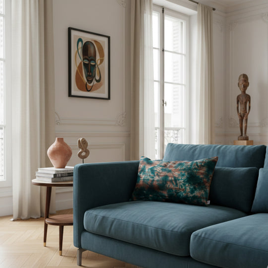 Housse de coussin KUMASI-LAGUNE sur un canapé bleu dans un salon haussmannien élégant, ambiance chaleureuse mêlant art africain et design contemporain.