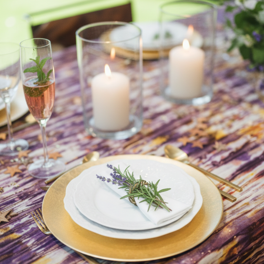 Table dressée avec la nappe DUNDA – IRIS en kokodunda, assiette blanche sur sous-assiette dorée, flûte rosée et bougies blanches en verre, vue rapprochée.