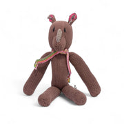EDITH, doudou Rhinocéros gris. Adorable avec sa petite écharpe multicolore. Fait main au Kenya. En coton bio certifié GOTS, teintures non toxiques. Utilisable dès la naissance.