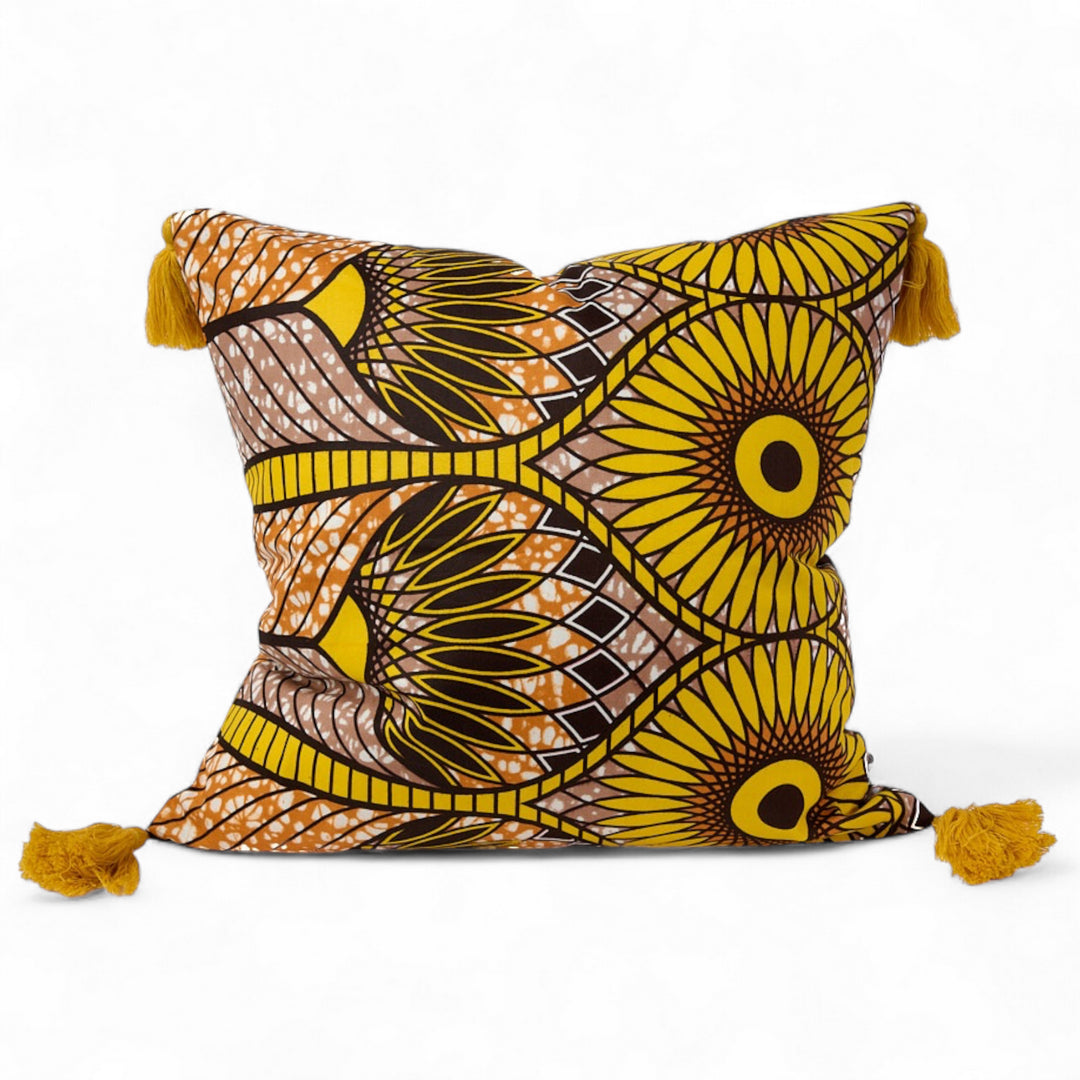 Housse de coussin ethnique carrée 40 x 40 cm - Wax jaune et marron - JUA - Studio Matongé