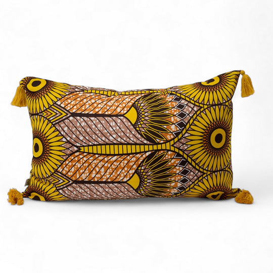 Housse de coussin ethnique rectangulaire 40 x 60 cm - Wax jaune et marron - JUA - Studio Matongé