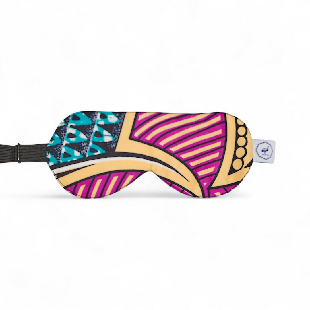 Masque de nuit wax et soie DARE WIMBI – motif wax rose magneta, beige, rouge et  et vert.