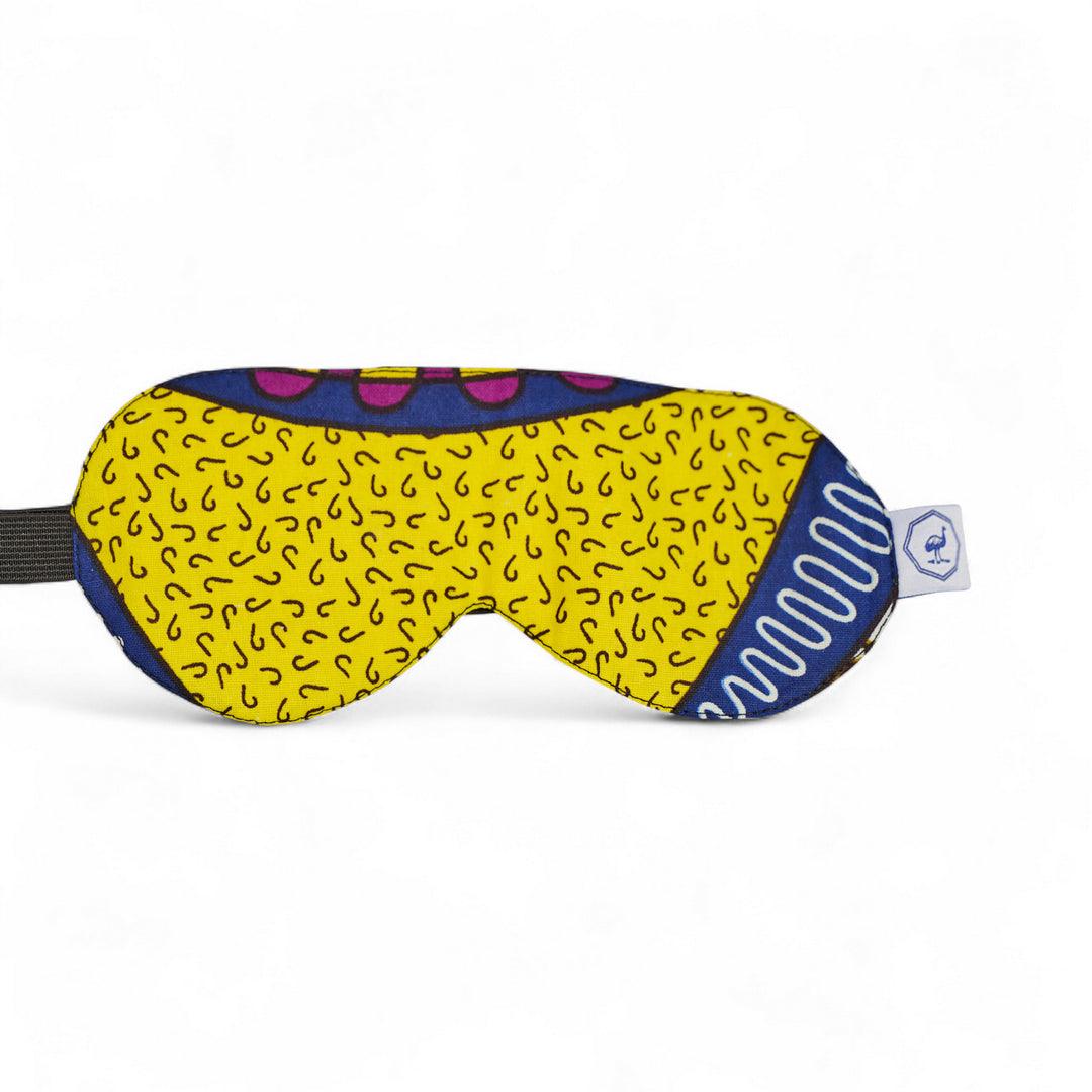 Masque de nuit wax et soie DARE – motif wax jaune et bleu graphique