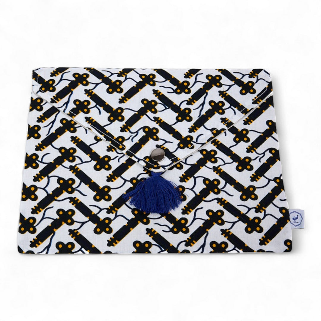 Pochette de rangement enveloppe - Wax blanc et noir et lin enduit - KER - Studio Matongé