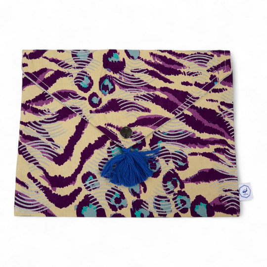 Pochette de rangement enveloppe - Wax crème et violet et lin enduit - MISIK - Studio Matongé