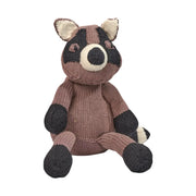 Doudou raton laveur GASPARD fait main en coton bio gris taupe,  noir et écru, assis de face
