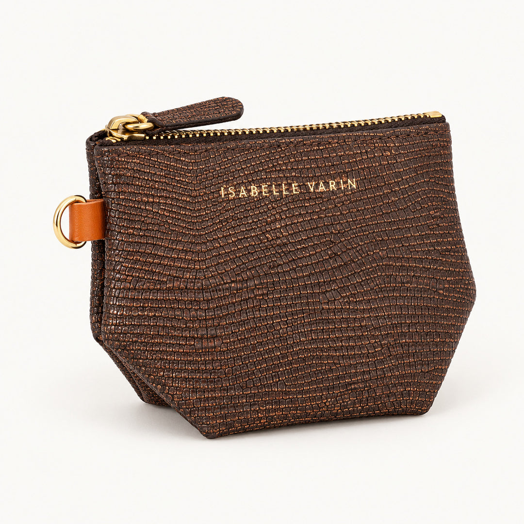 Porte-monnaie CHOU Isabelle Varin en cuir, coloris marron pailleté, vue sur fond clair.