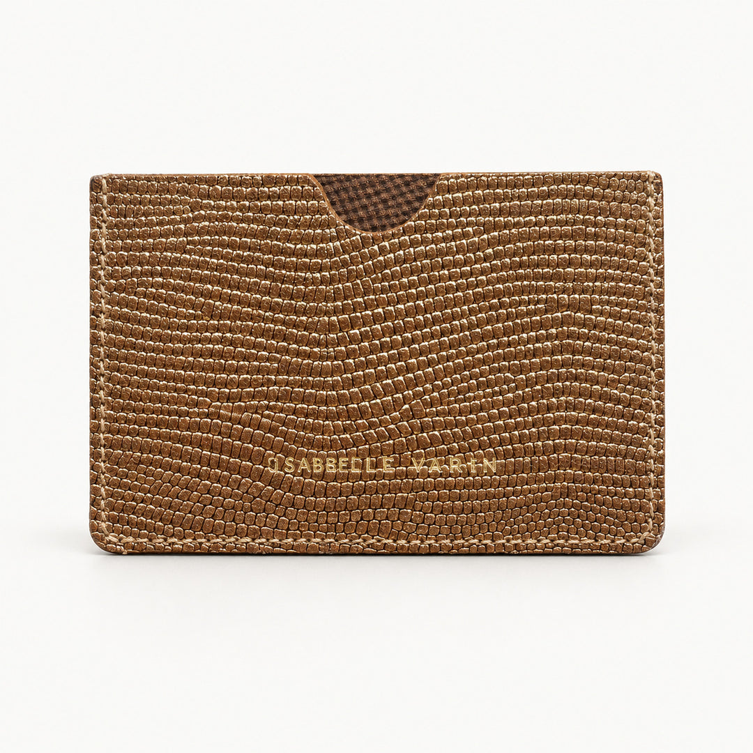 Porte-cartes CREDY Isabelle Varin en cuir, coloris cuivre pailleté, vue sur fond clair.