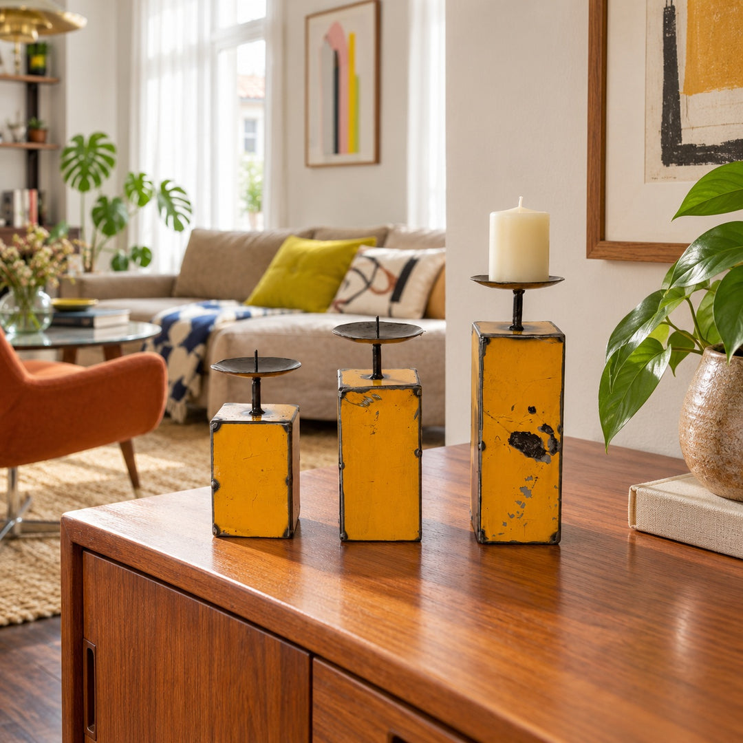 Trois bougeoirs NURU en métal recyclé jaune sur un buffet en bois dans un salon vintage lumineux.