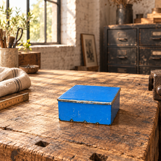 Boîte RANGI bleue sur un établi en bois détourné en table basse dans un intérieur de style industriel.