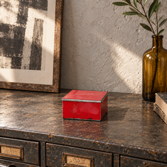 Boîte RANGI rouge sur un meuble de métier à tiroirs en métal patiné, près d’un cadre et d’un vase ambré.