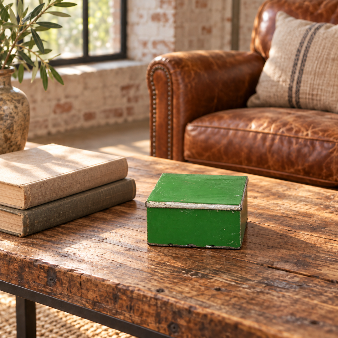 Boîte RANGI verte en métal recyclé sur une table basse en bois, près de livres et d’un fauteuil en cuir cognac.