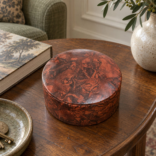 Boîte ronde en cuir marbré rouge rouille et brun, sur une table ronde en bois près d'un livre et d'un fauteuil vert.