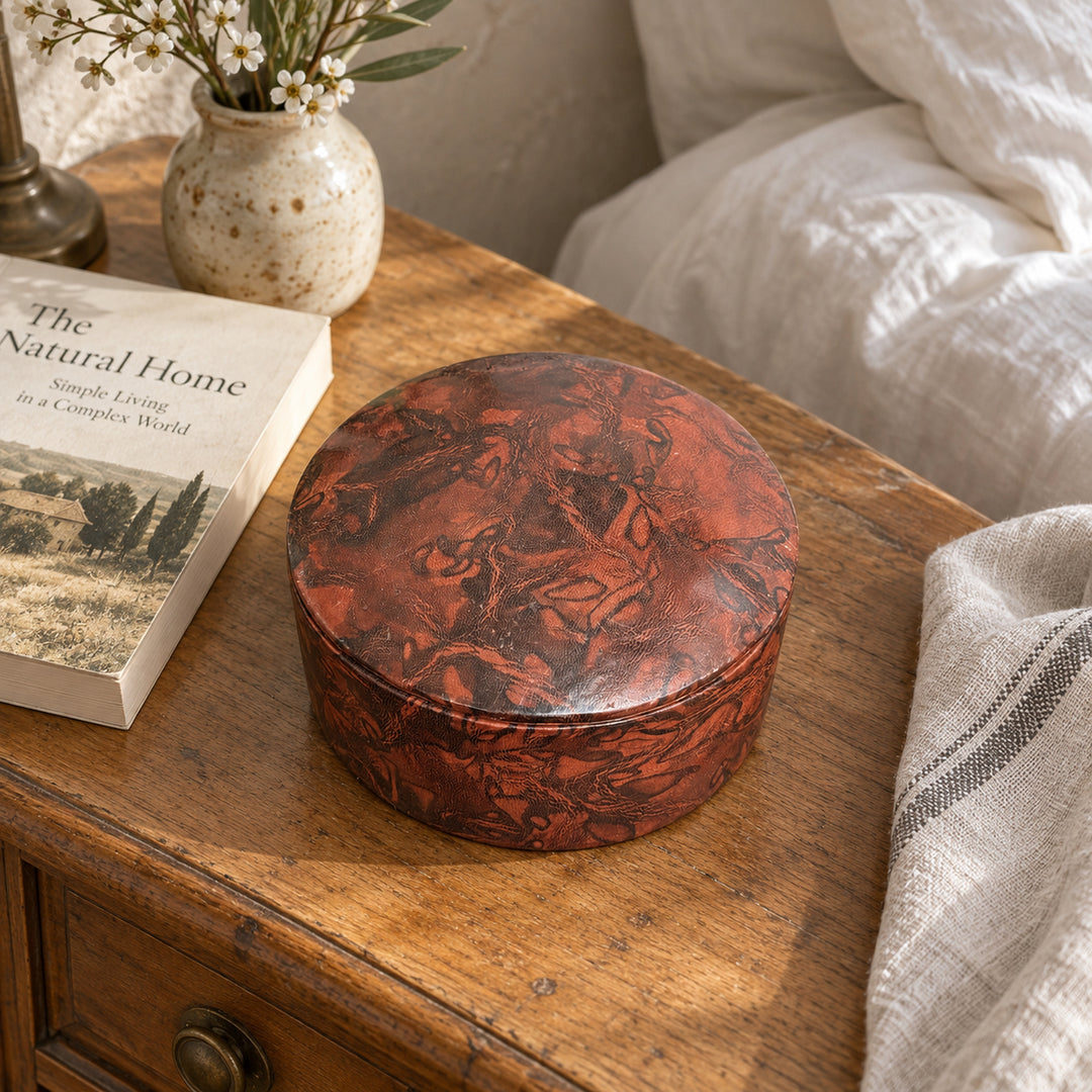 Boîte ronde en cuir marbré rouge rouille et brun, sur une table de chevet en bois près d'un livre et d'un lit au linge blanc.