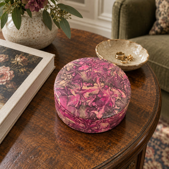 Boîte ronde en cuir marbré rose fuchsia, prune et beige, sur une table ronde en bois près d'un livre et d'un fauteuil vert.