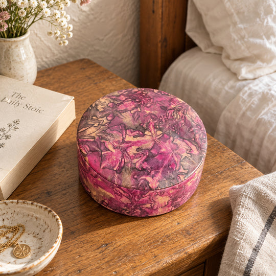 Boîte ronde en cuir marbré rose fuchsia, prune et beige, sur une table de chevet en bois près d'un livre et d'un lit au linge blanc.