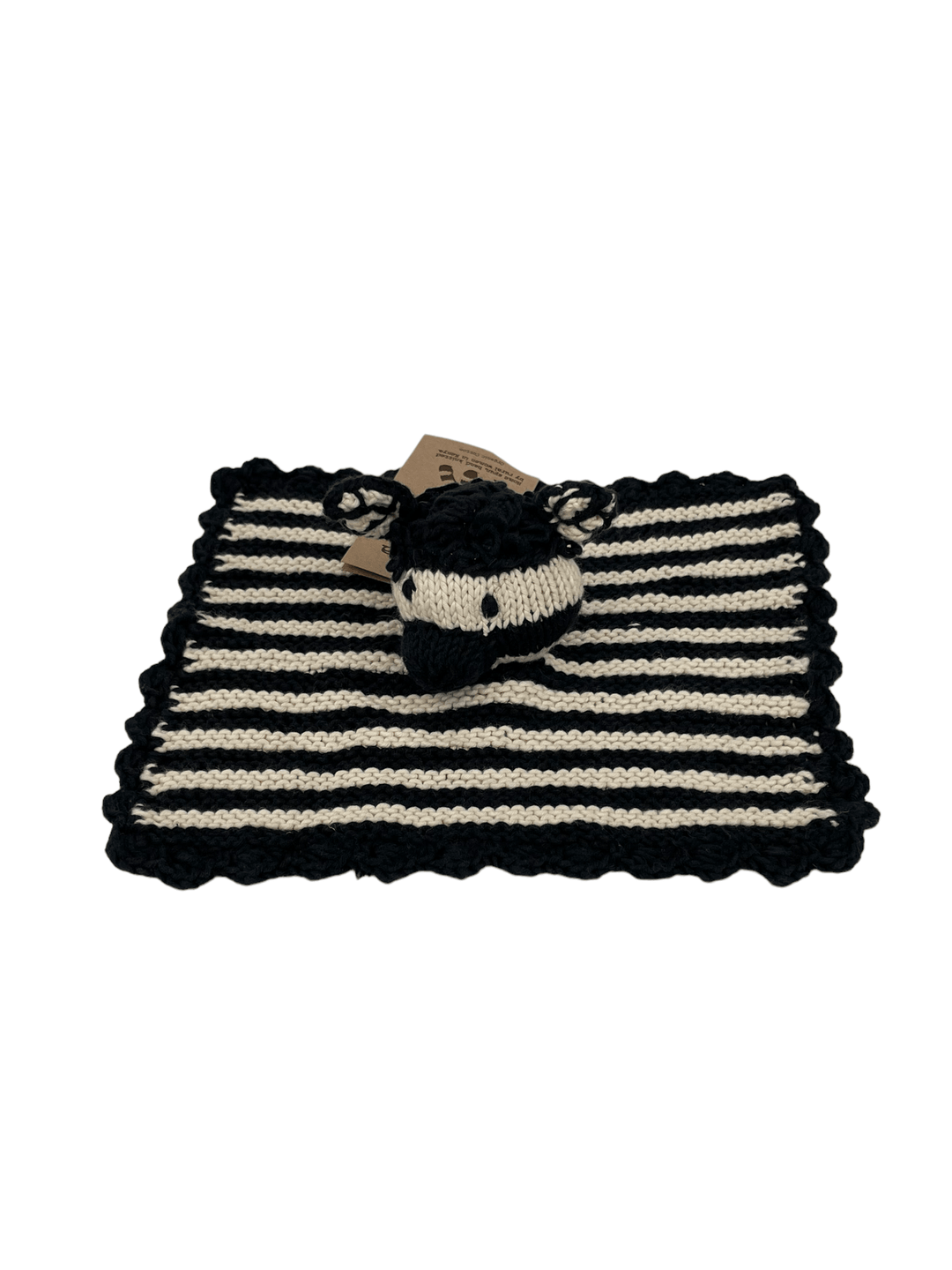 ZELIGE, doudou plat zèbre rayé écru et noir, éco-responsable 100% coton bio certifié GOTS. Faits main au Kenya par les tricoteuses de la coopérative Kenana Knitters. 