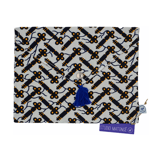 Pochette de rangement enveloppe - Wax blanc et noir et lin enduit - KER - Studio Matongé