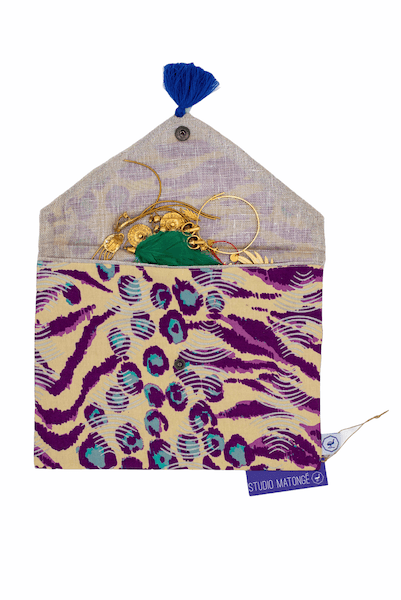 Pochette de rangement enveloppe - Wax crème et violet et lin enduit - MISIK - Studio Matongé