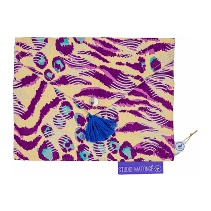 Pochette de rangement enveloppe - Wax crème et violet et lin enduit - MISIK - Studio Matongé